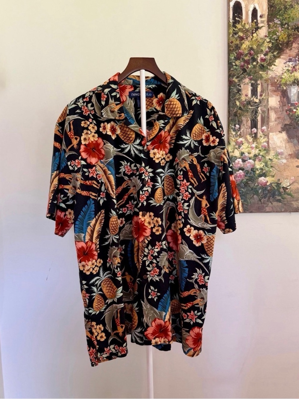 Newport Blue Men’s Hawaiian Shirt XL Black Tropical Pineapple Aloha